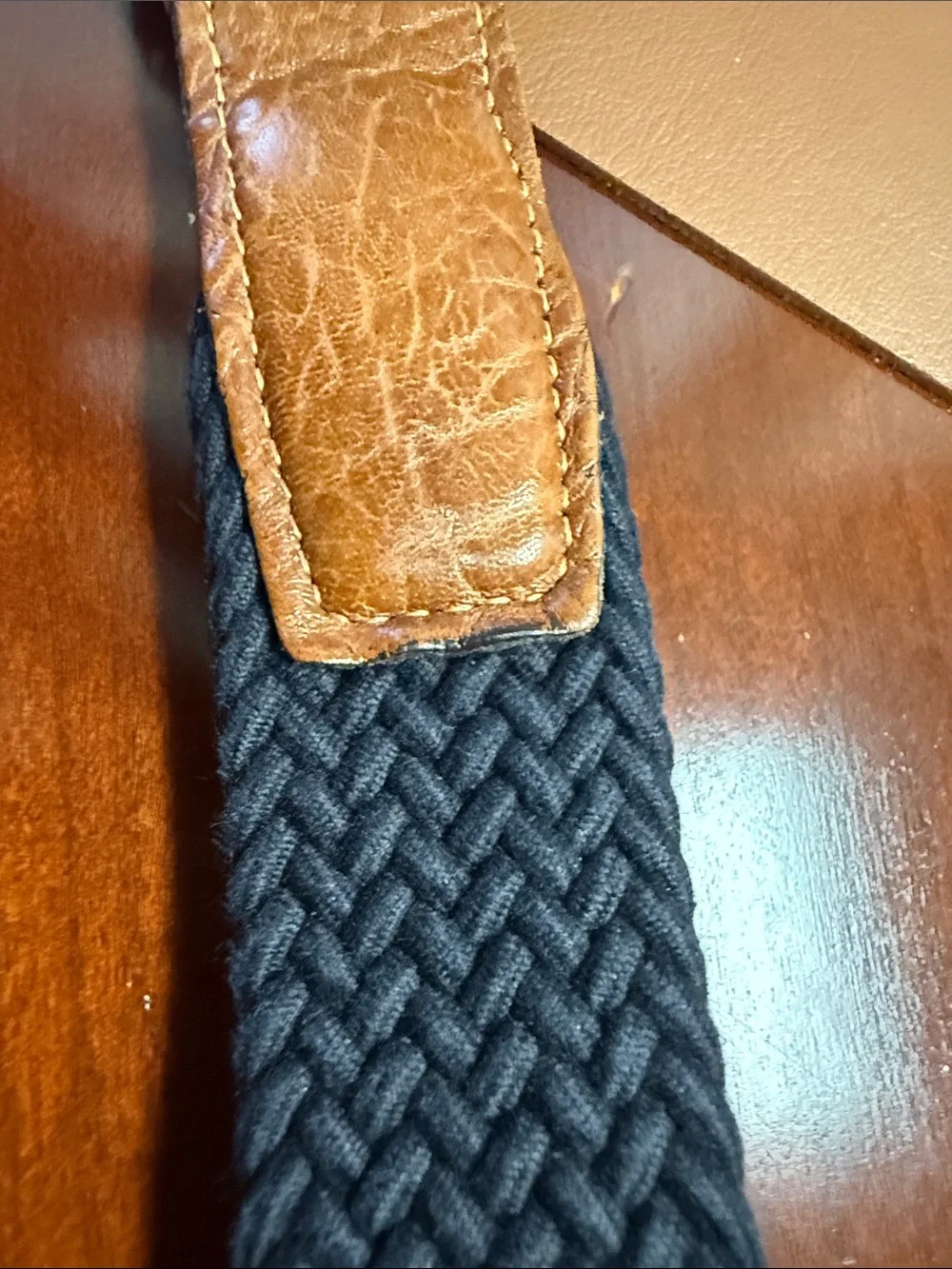 Torino Cotton Elastic Men's Belt in Black with Brown Leather Trim (scuff/ buckle
